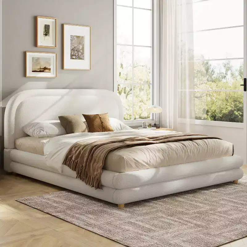 Avery Boucle Upholstered Bed with Thick Curved Headboard Design