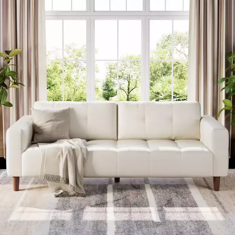 Modern 83 Faux Leather 3-Seater Couch with Spring Cushion, Living Room Deep Seats Sofa with 2 Removable Back Cushions