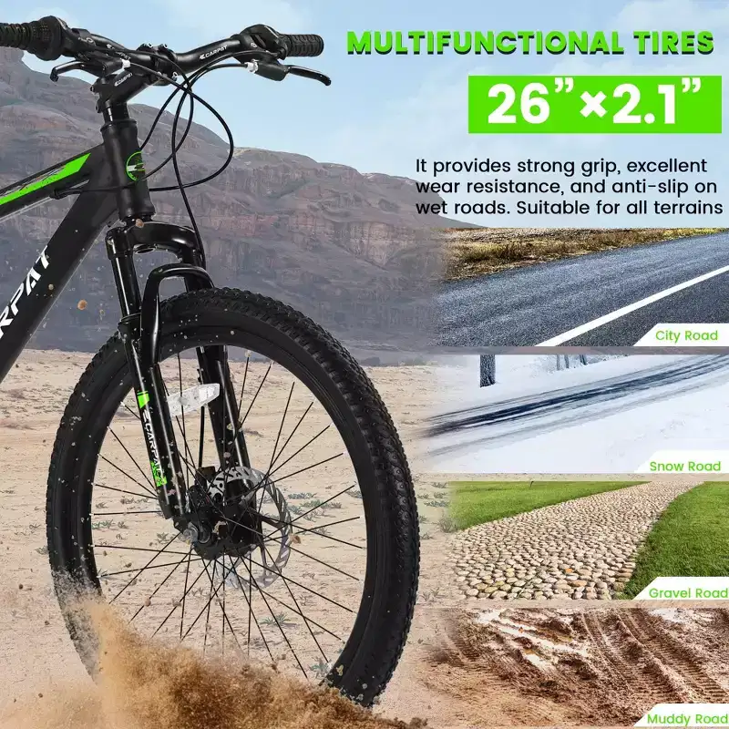 NAYSAYE 26 Inch Mountain Bike 21 Speed Disc Brakes High Carbon Steel Frame Bikes for Adults for Trail Riding, Black and Green, 71*25*39.3