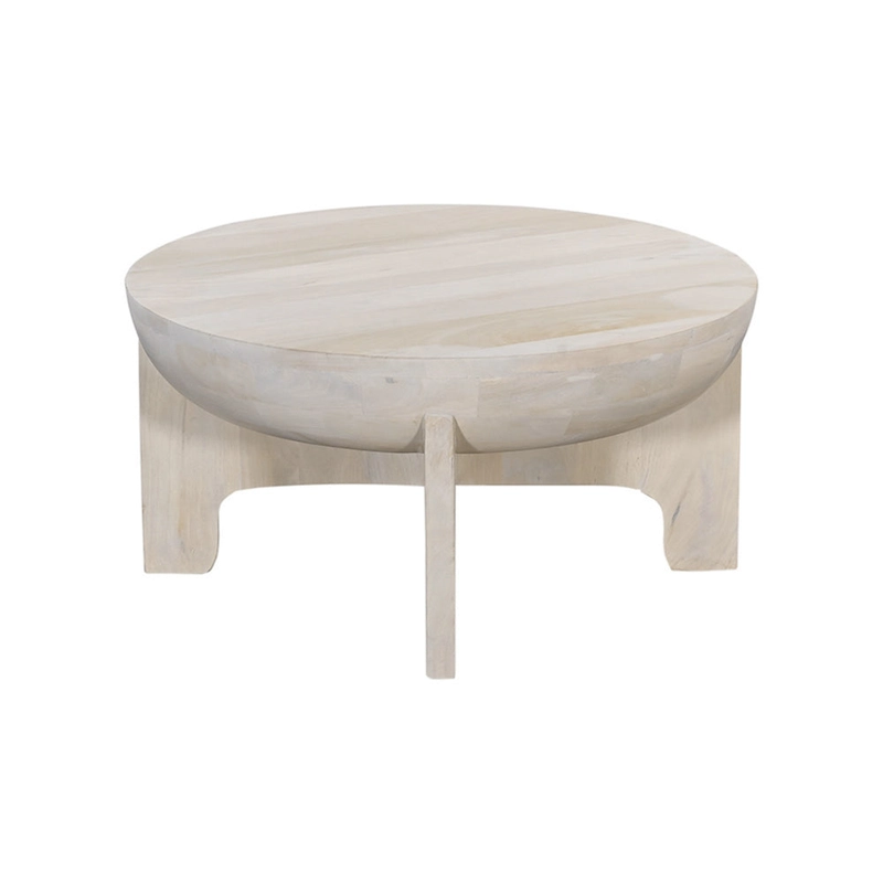 Tomas 32 Inch Coffee Table, Mango Wood Drum Top, Classic Washed White