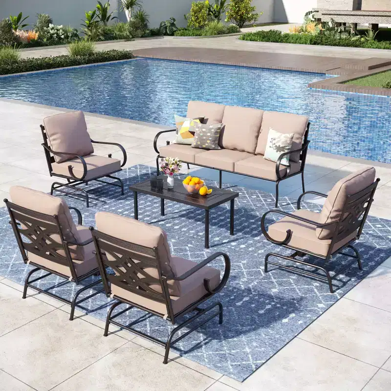 Captiva Designs 6pc Extra Large Metal Outdoor Patio Conversation Set with Rocking Pattern-back Chairs
