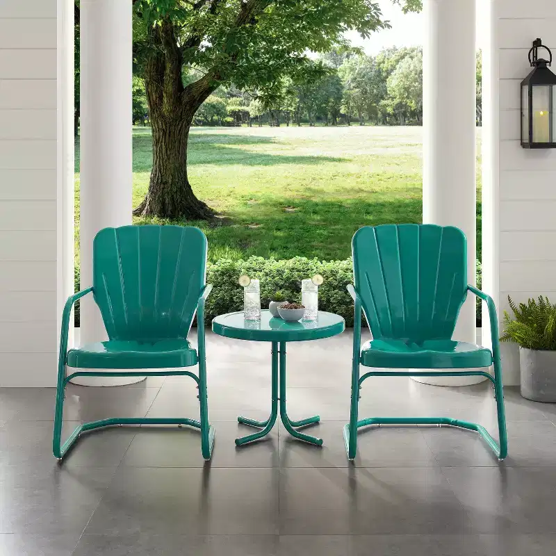 Ridgeland 3pc Outdoor Seating Set - Turquoise - Crosley: Vintage-Style Chairs & Metal Side Table