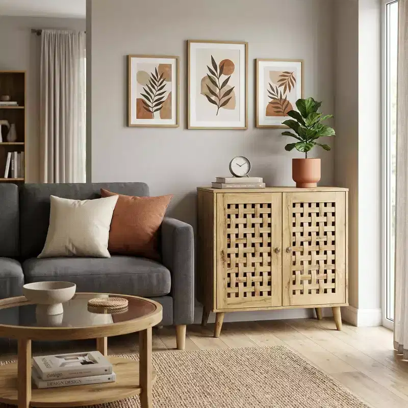 Accent Storage Cabinet with Woven Doors, Sideboard Buffet Cabinet with Shelves