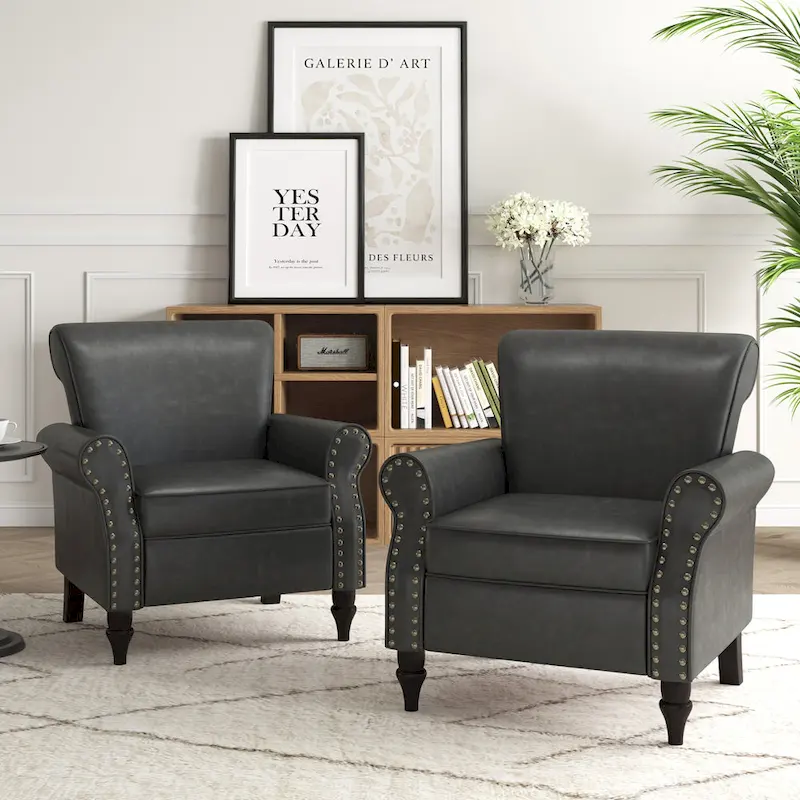 Rolled Armrests PU Accent Chair with Nailhead Trim (Set of 2)