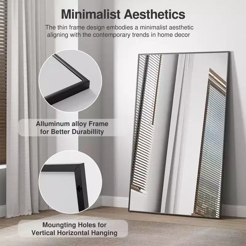 Slim Black Aluminum Frame Rectangular Mirror 130x80x2cm