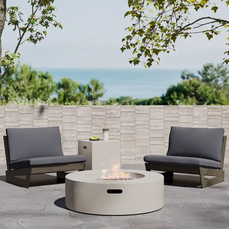 Sherwood Acacia Wood Outdoor Lounge Chairs and 50,000 BTU Circular Propane Fire Pit by Christopher Knight Home