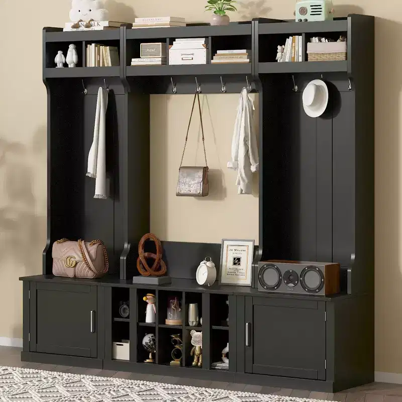Okak 4-IN-1 Wide Hall Tree with Entryway Bench and Shoe Cubbies, Coat Rack with Sotrage Shelves and 10 Hooks, Coat Tree for Hallway, Black