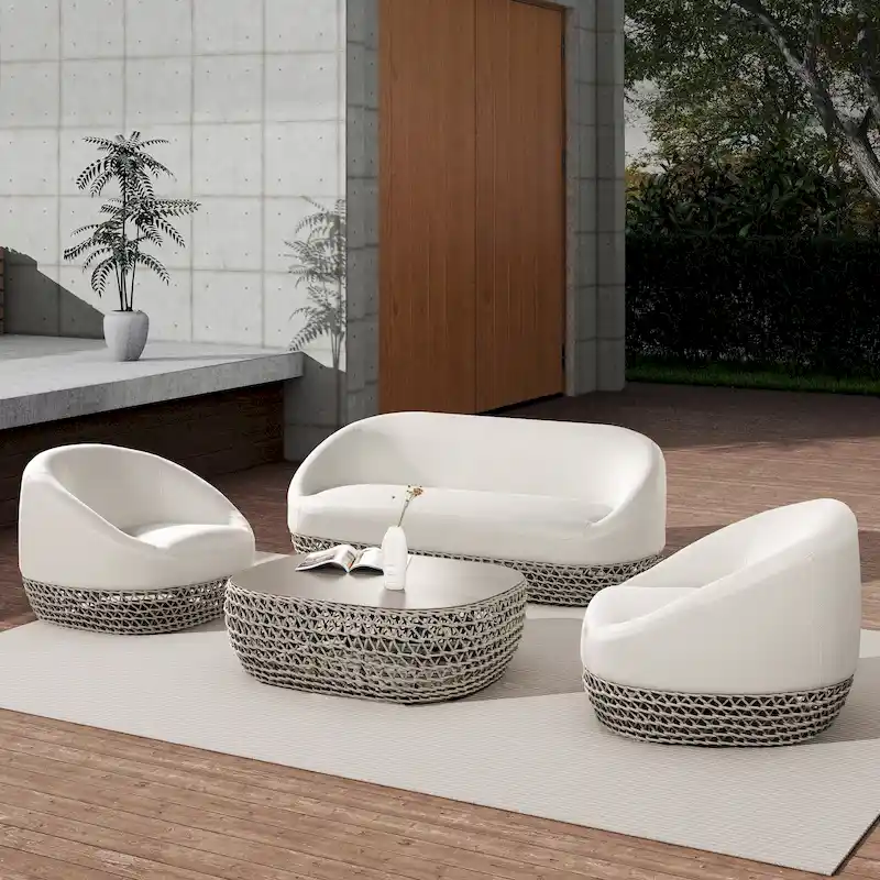 Willow 4-Piece Rope Woven Deep Seating Patio Conversation Set