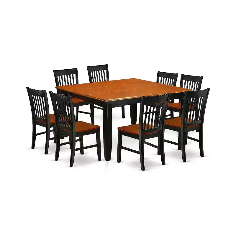 HomeStock Belmont 9Pc Square 36/54 Inch Family Table With 18 In Butterfly Leaf And 8 Wood Seat Dining Chairs
