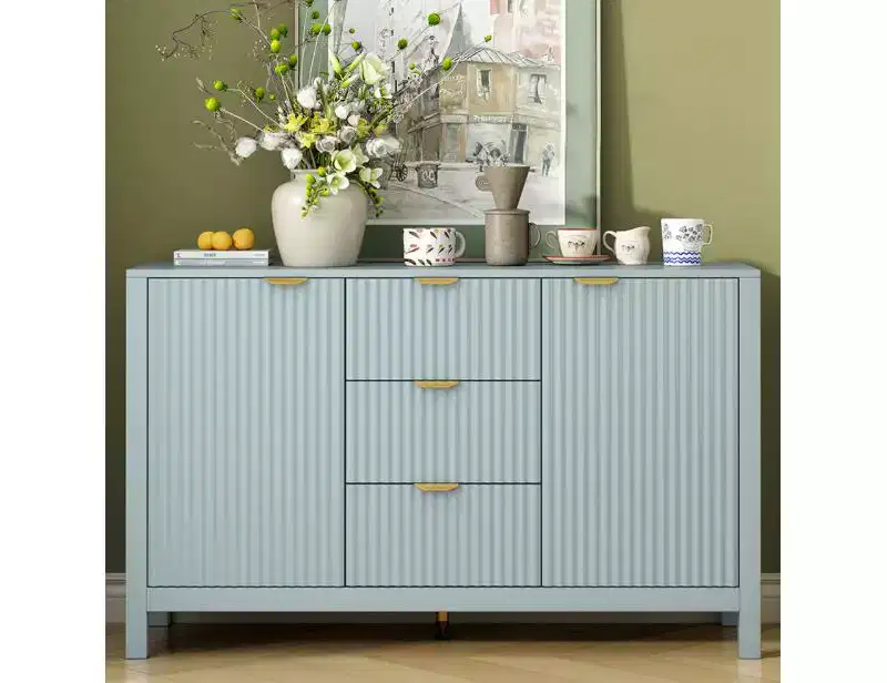 Wave-shaped entryway cabinet with 3 drawers, 3 adjustable shelves, soft-close doors, and metal handlesideal for hallways,or living rooms