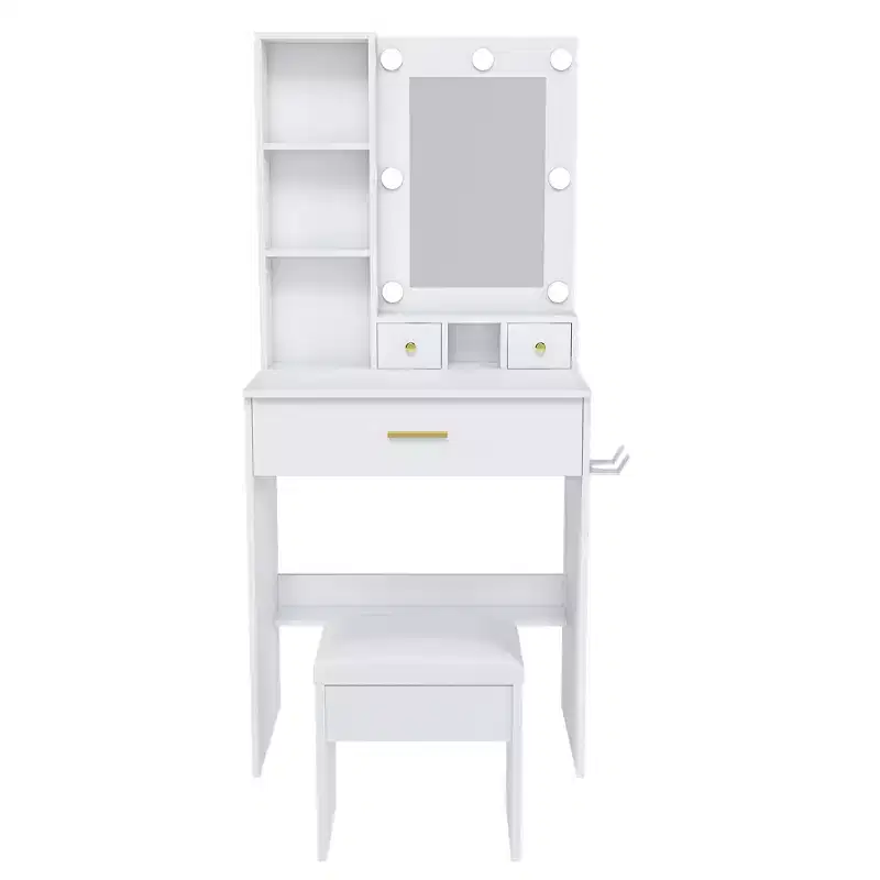 Vanity Table with Mirror & Adjustable LED Lights, Power Outlet, Hairdryer Holder & Stool  Compact Dressing Desk for Small Bedrooms(White)
