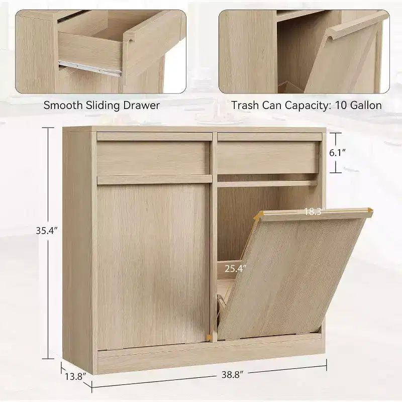 Tiltable Trash Can, Natural Oak, Trash Can with Storage and Drawer, Hidden Trash Cabinet, Laundry Basket for Kitchen, Dining Room, Living Room