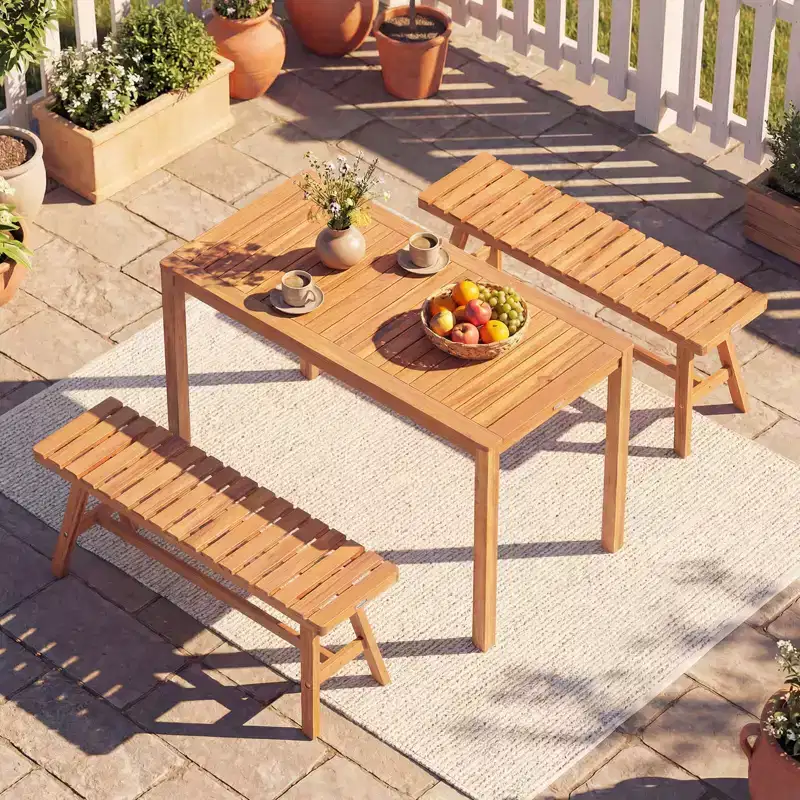 Costway 3 PCS Acacia Wood Patio Dining Set with Slatted Seats for Deck, Lawn and Backyard