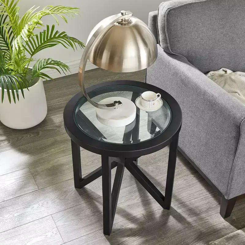 Okak Round Glass Coffee Table, Modern Simple Design, Solid Wood Base, Clear Tempered Glass Top, Living Room Terrace Study Table