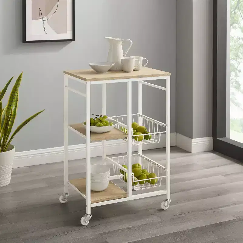 White Metal Mobile Small Kitchen Cart with MDF Top, 2 Baskets, Locking Casters