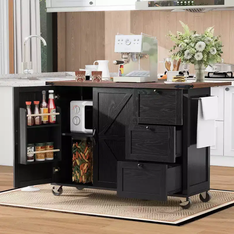 54.5 Farmhouse Rolling Kitchen Island with Power Outlet, Kitchen Storage Cart with Internal Storage Rack, Drop Leaf, Spice Rack