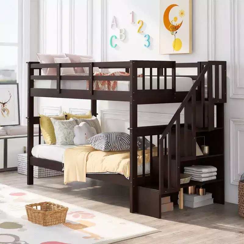Whisen Twin-Over-Twin Bunk Bed & Bed Frame with Stairway, Storage and Guard Rail