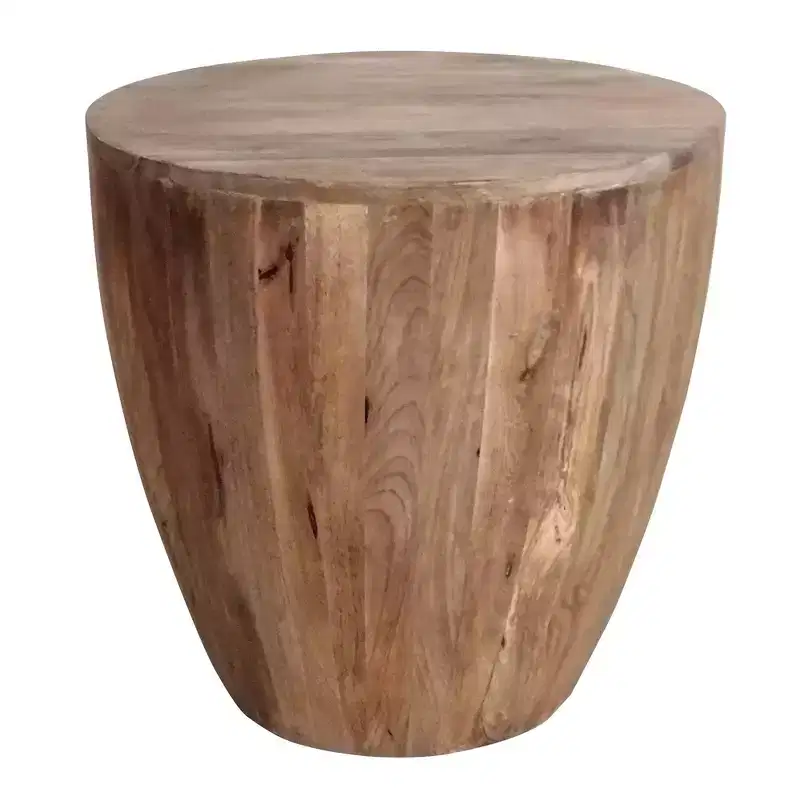 Hand Carved Cylindrical Shape Round Mango Wood Distressed Wooden Side End Table Brown: No Assembly, Polished Finish