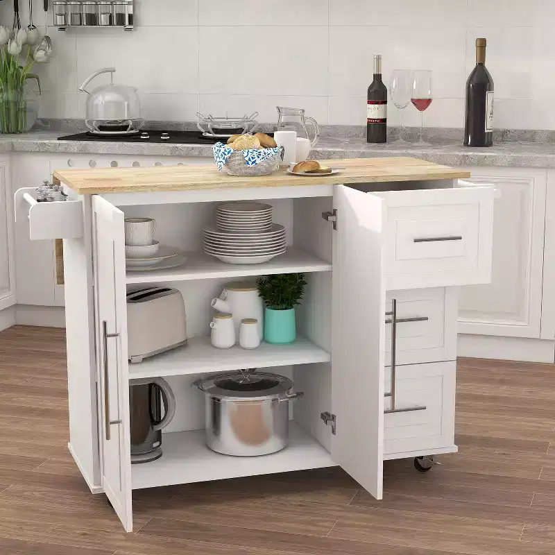 Modern Kitchen Island with Extensible Wooden Table Top, Kitchen Cart with Spice Rack and Towel Rack for Kitchen, Dining Room, White