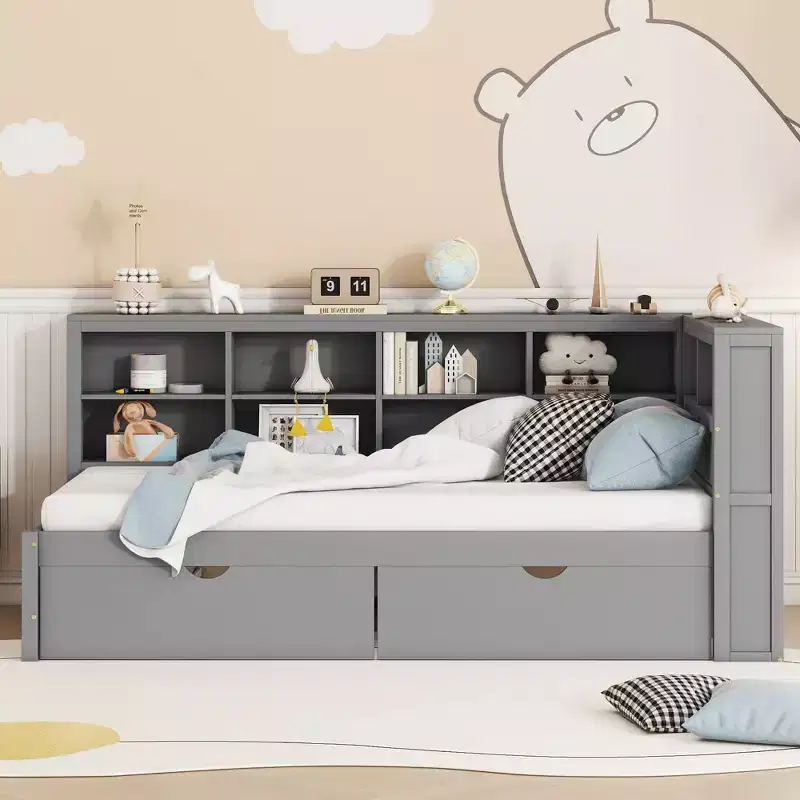 Daybed with L-shaped Bookcase and 2 Drawers, Wooden Day Bed with Storage Shelf and USB Charging Ports