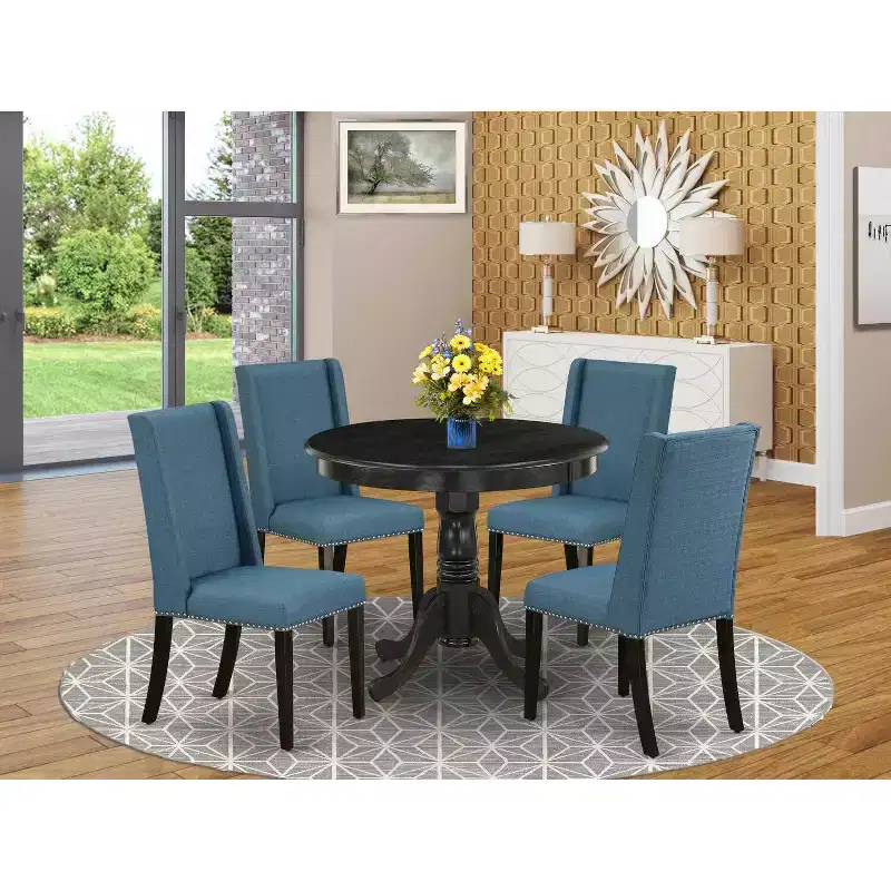 HomeStock 5-Piece Round Wirebrushed Black Finish Solid Wood Top Dining table with 4-Chairs