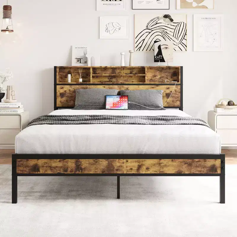 Queen Metal Bed Frame: Storage Headboard, Charging Station, Bookcase, No Box Spring, Easy Assembly, Black