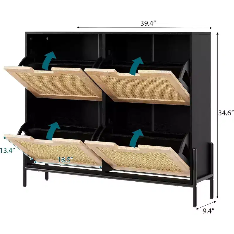 Freestanding Rattan Shoe Cabinet with Four Flip Drawers, Hidden Shoe Storage Unit, Slim Space-Saving Shoe Rack for Entryway, Hallway, Living Room