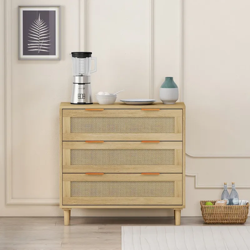 Roomfitters 31.50 Oak Rattan 3-Drawer Storage Cabinet for Bedroom, Living Room, and Hallways