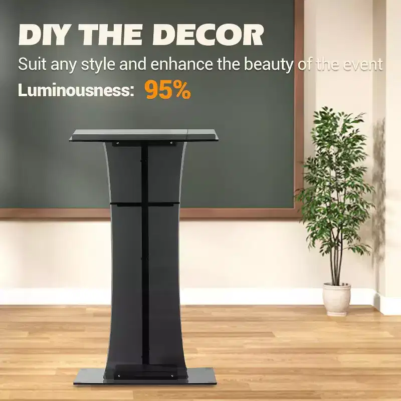 47in Tall Floor-Standing Acrylic Podium with Storage Compartments, Easy to Move, Suitable for Offices, Conference Rooms, Schools, Churches, Black