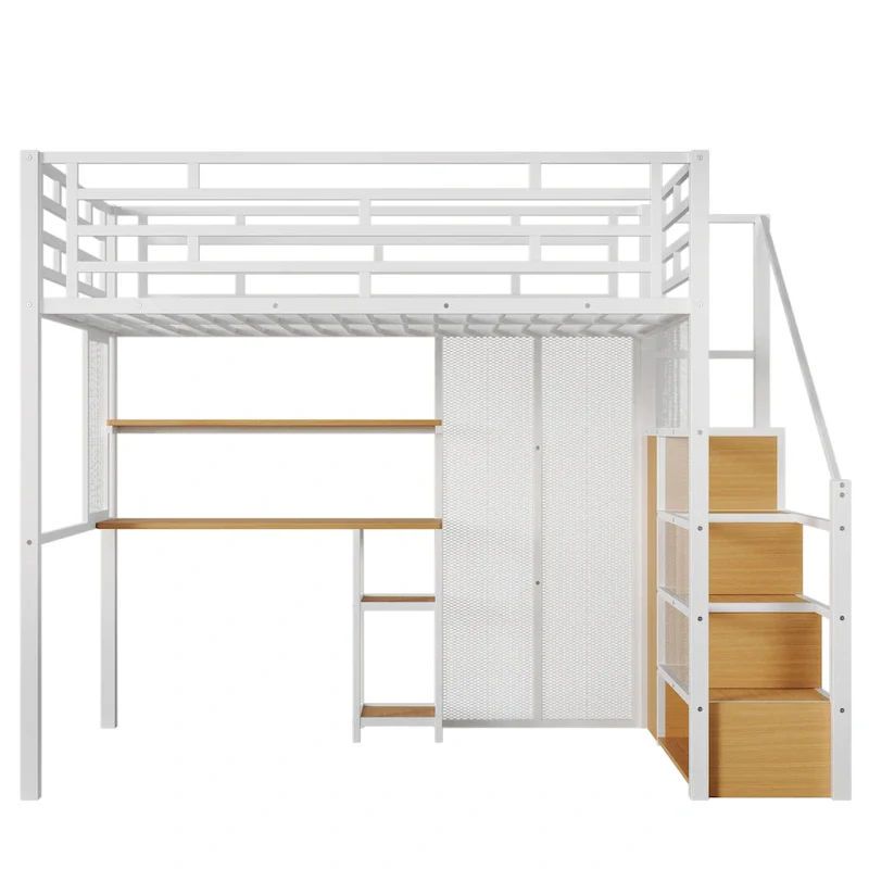 Full Size Metal Loft Bed with Wardrobe, Built-in Desk, Storage Shelves & Staircase, White, 400 lbs