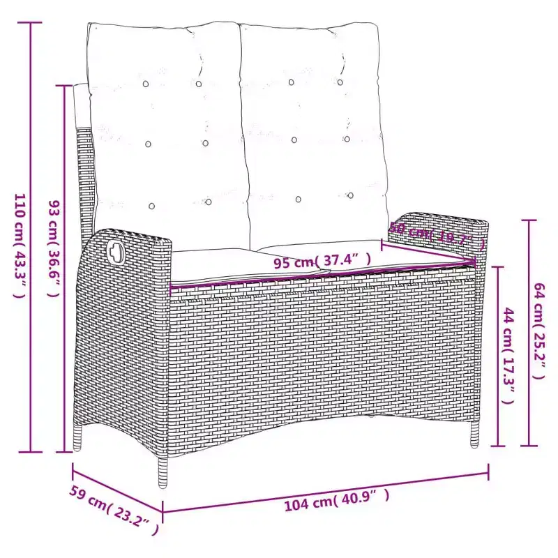 vidaXL Reclining Patio Bench with Cushions Seat Poly Rattan