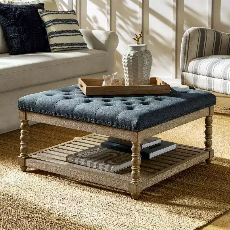 Levi Farmhouse Ottoman with Solid Wood|HULALA HOME-IVORY