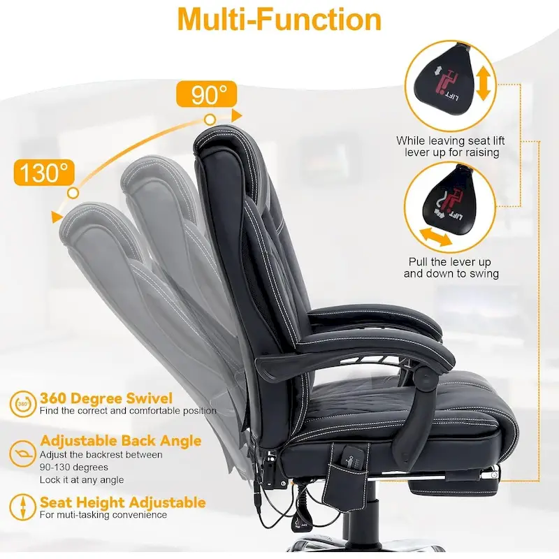 Ergonomic Heated Executive Office Chair, 2/4/6-Point Massage, Retractable Footrest, PU Leather