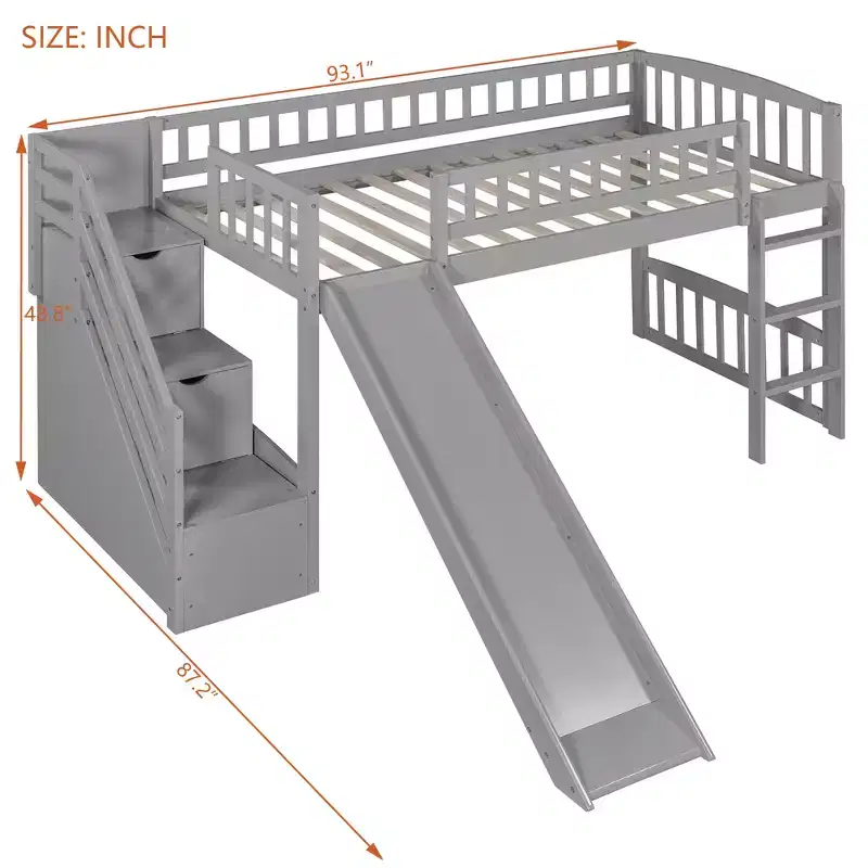 Twin Size Stairway Loft Bed Frame with Slide, Wood Kids Low Loft Bed Frame with Drawers