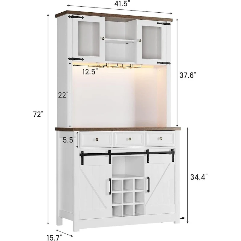 Modern Farmhouse Coffee Bar Cabinet with LED Lights & Power Outlets, Kitchen Cabinet