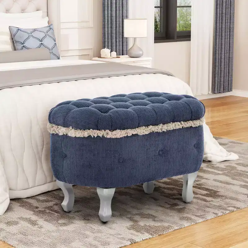 TUYOHW 29.5 Retro End-of-Bed Storage Ottoman Bench with Fringe,Sleek Tufted Accent Ottoman for Bedroom & Living Room,300lbs Capacity