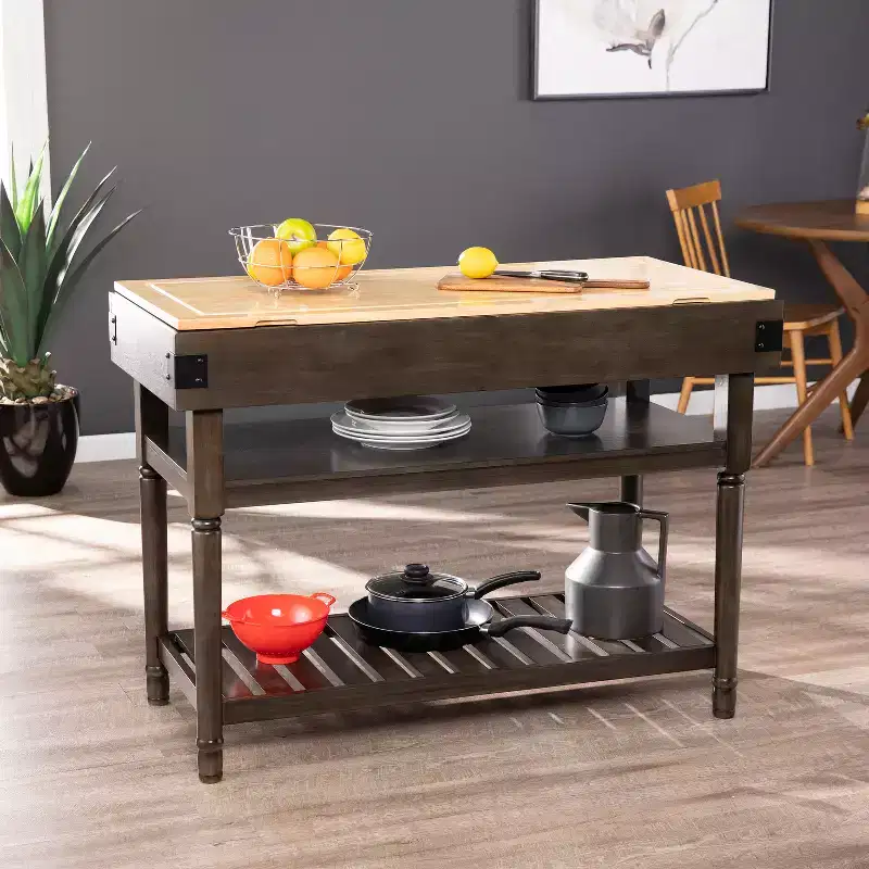 Kitchen Island with Butcher Block Top, Smoked Ash/Natural