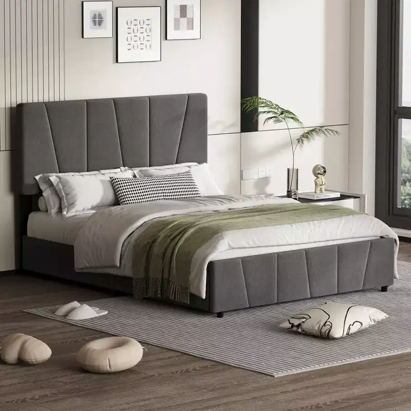 Bed Frame with Adjustable Headboard, 4 Storage Drawers and Wooden Slats Support