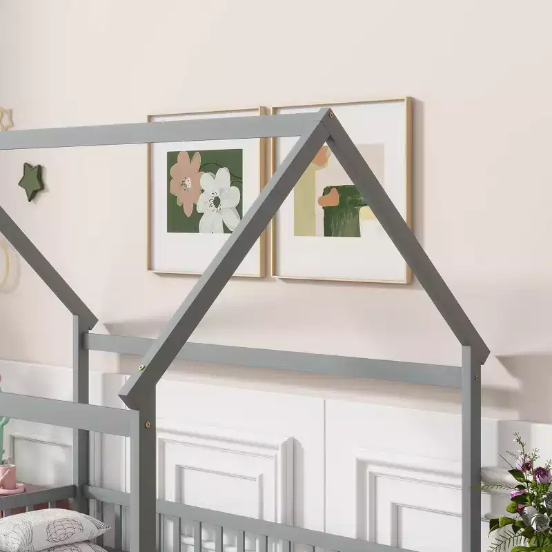 Floor Wooden Bed with Safety Guardrails – Gray