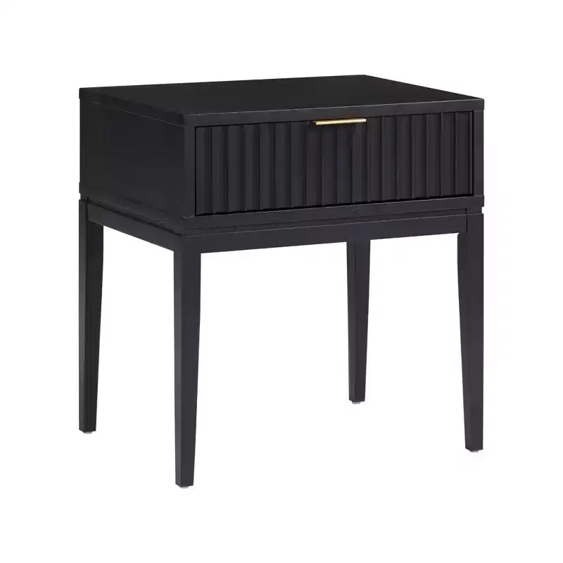 Fluted Wood Nightstand with Drawer - Black