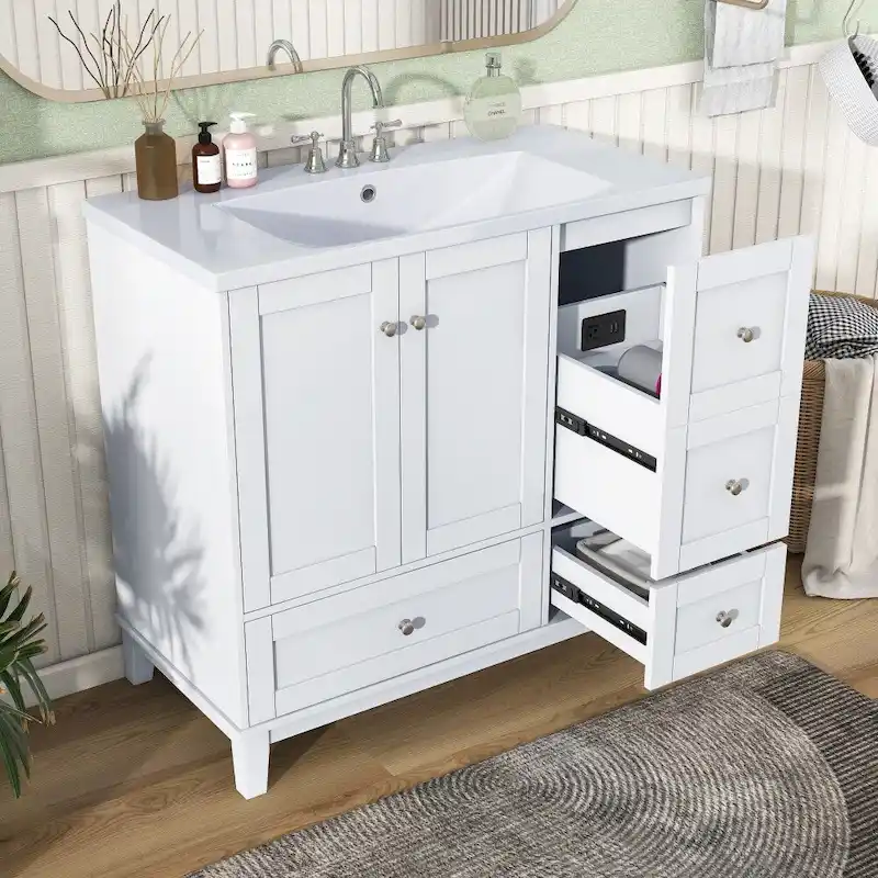 36 Inch Modern Bathroom Vanity with USB Charging and Single Resin top