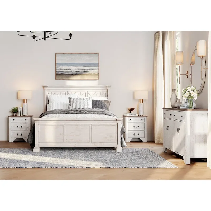WAMPAT Farmhouse 3PCS Bedroom Set, 59 W Large Sideboard Buffet Cabinet,and Wood Nightstands Set of 2 with Charging Station