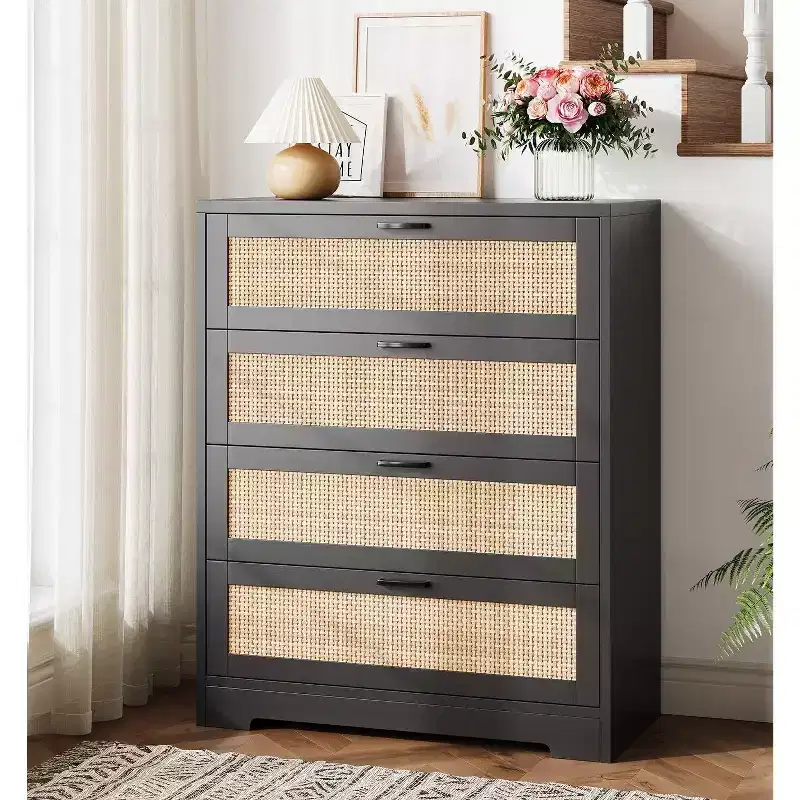 Rattan Dresser with 4 Drawers, Chest of Drawers Storage, Modern Wooden Dresser for Bedroom, for Bedroom, Entryway, Hallway