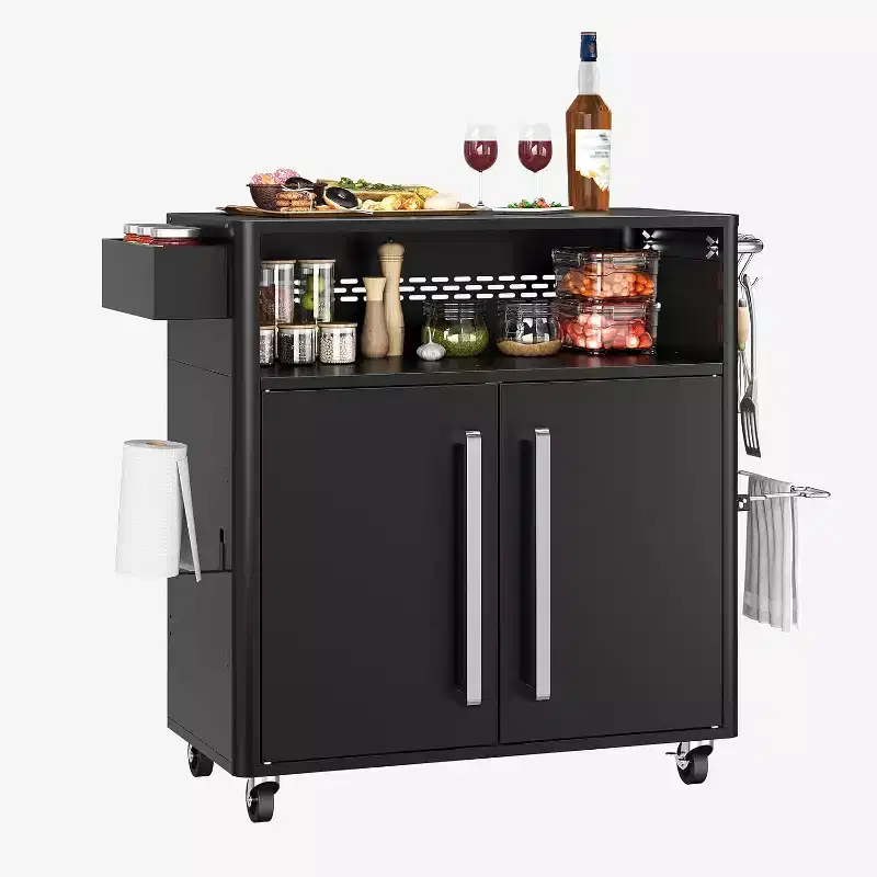 Rolling Outdoor Kitchen Cart, Mobile BBQ Prep Table with 2 Doors & 4 Locking Wheels, Stainless Steel Food Station for Grilling, Serving & Storage