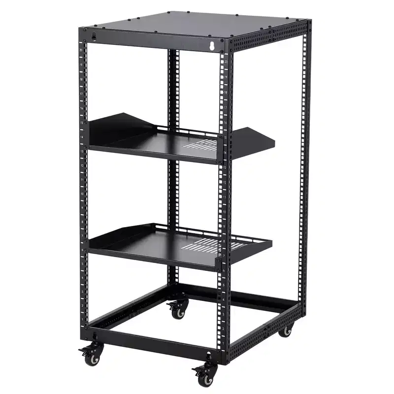 20U Open Frame Network Rack, Carbon Steel, Adjustable Depth 22-40in, with 2 Shelves & Casters, Wall Mount & Free Standing