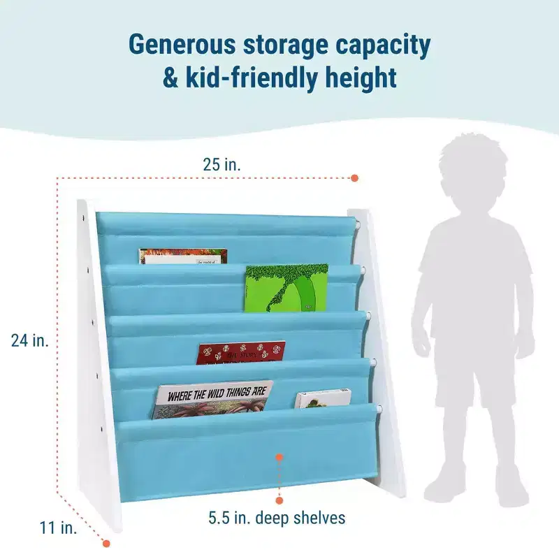 Kids' 4-Tier Bookshelf – White/Aqua, MDF, Ages 3+