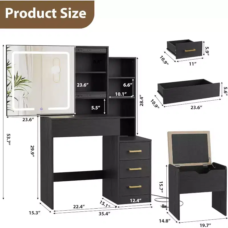 Makeup Vanity Desk with Sliding Mirror, Vanity Dressing Table with 3 Color Lights, Girls Vanity Set with Stool,4 Compact Drawers,Power Outlet