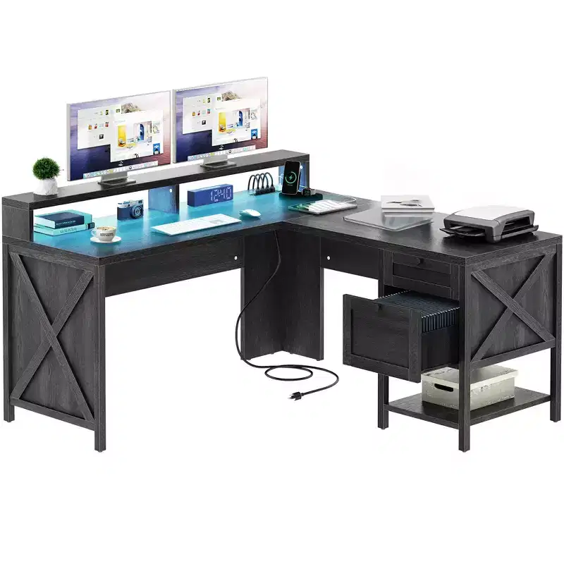 60Inch L Shaped Desk With Charging Station And File Drawer Modern Wood Computer Desk Game Desk Furniture For Home