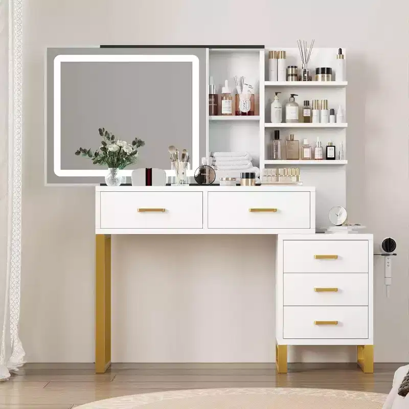 Makeup Vanity Desk, Large Dressing Table, 3 Lighting Modes, 5 Large Drawers and 3 Tiers of Open Shelves, for Bedroom