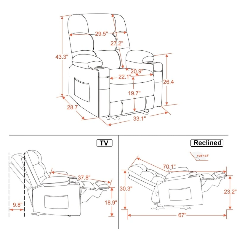MCombo Electric Power Recliner Chair with Heat and Massage, Leather PR621